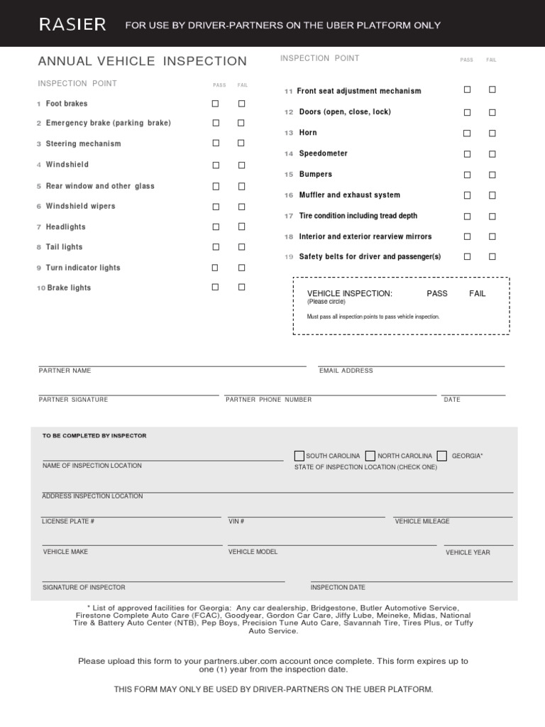 SC Uber Vehicle Inspection Form | PDF | Car | Tire