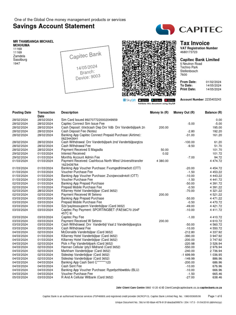Capitec Bank Savings Account Statement | PDF | Stored Value Card | Payments