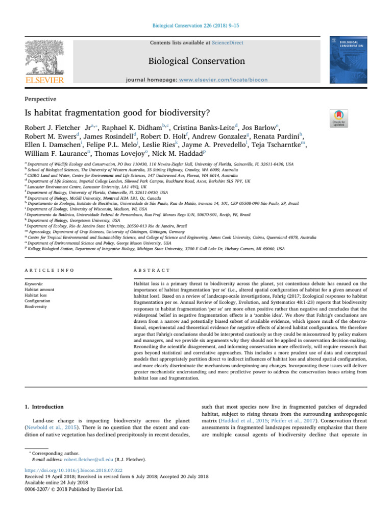 Flectcher 2018 Is Habitat Fragmentation Good For Biodiversity | PDF ...