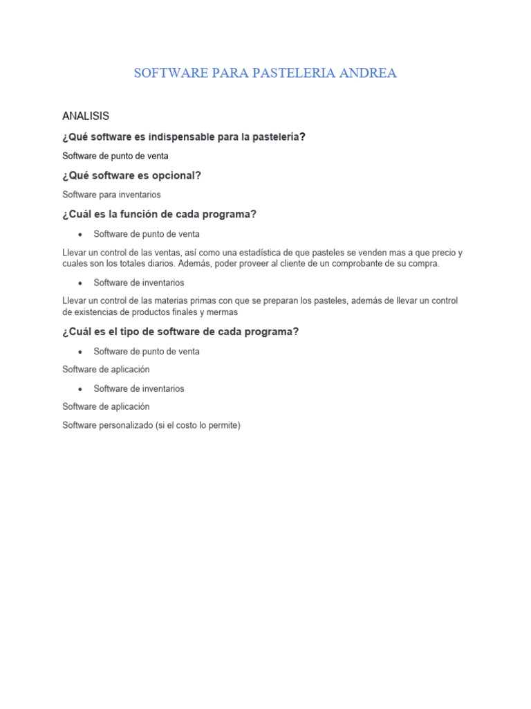 Software Esencial para Pastelería Andrea | PDF