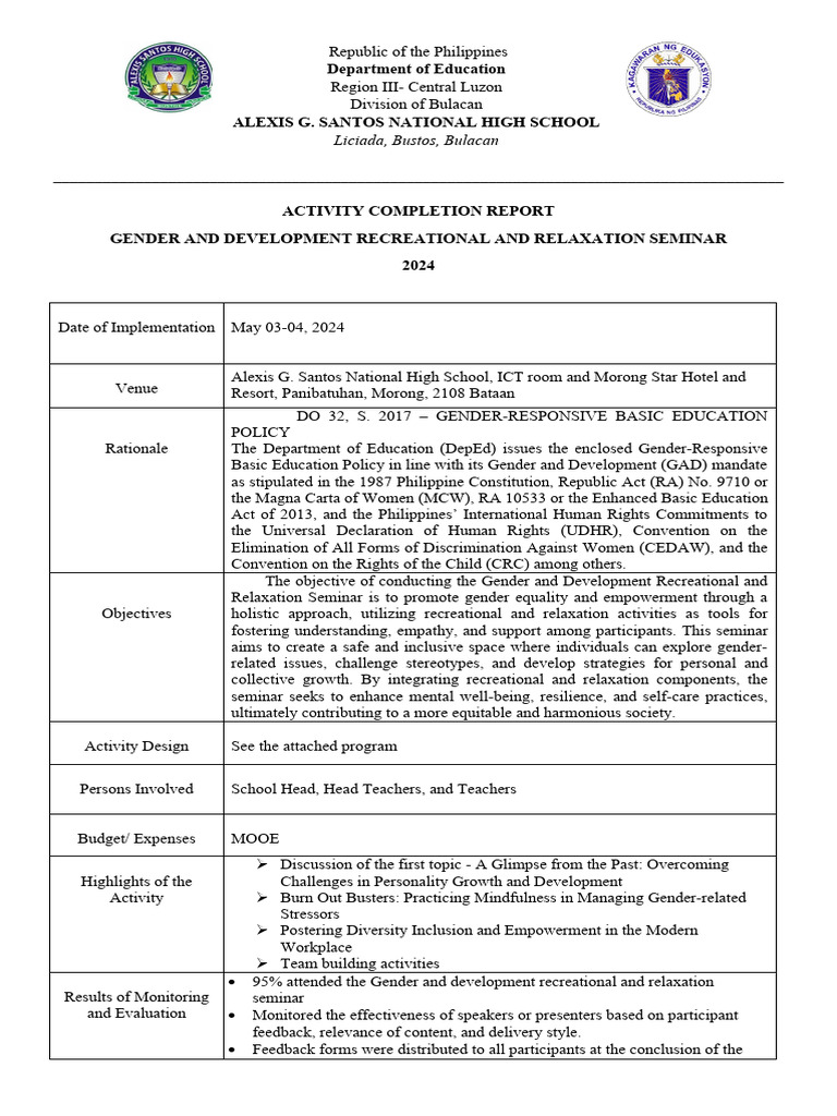GAD Seminar Completion Report 2024 | PDF | Gender And Development ...