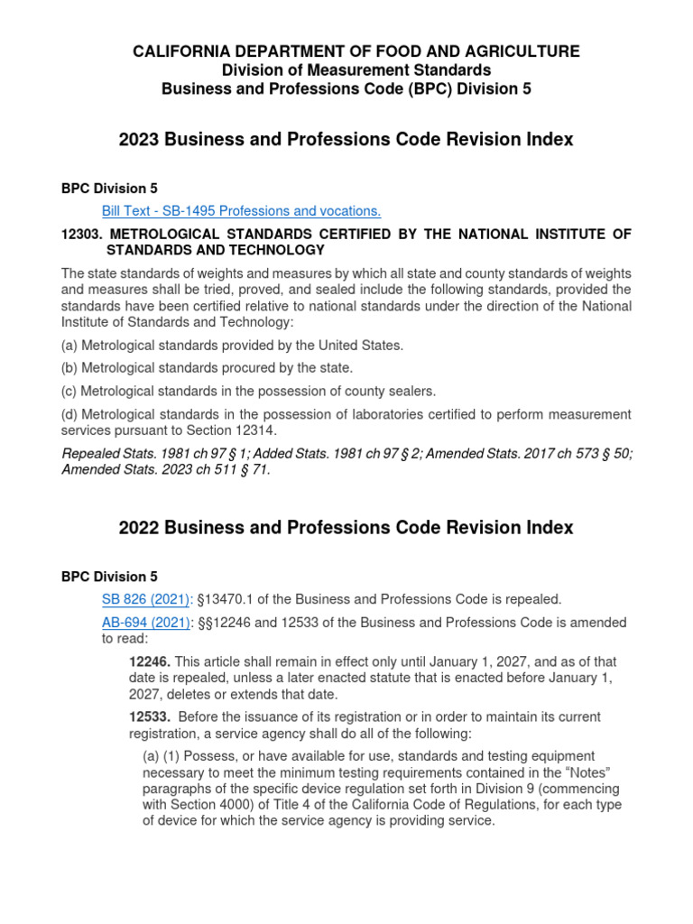 California BPC Division 5 Overview | PDF | Repeal | Metrology