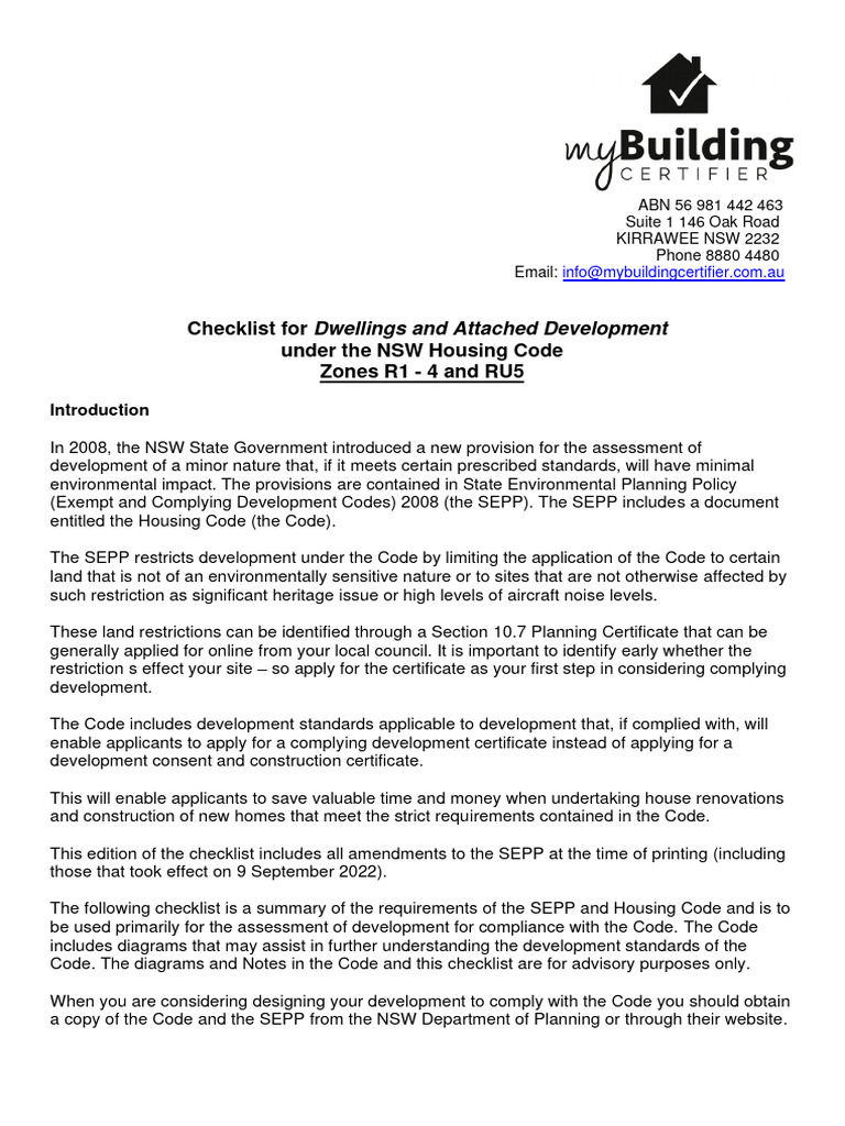 NSW Housing Code Compliance Checklist | PDF | Parking
