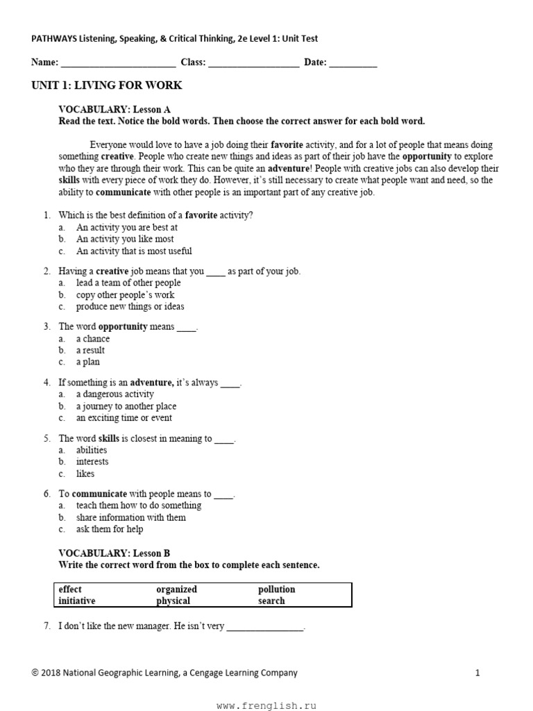 Pathways 1 2e Test 1 Pdf Stress Linguistics Syllable