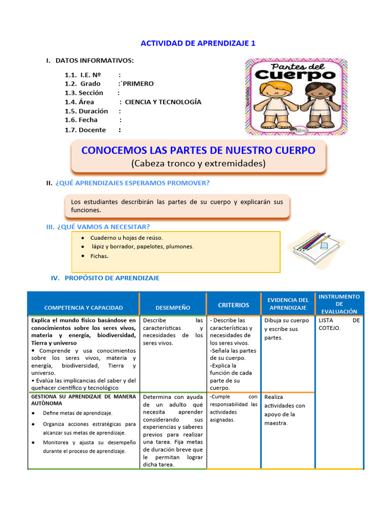D2 A2 SESION CT. CONOCEMOS LAS PARTES DE NUESTRO CUERPO | PDF