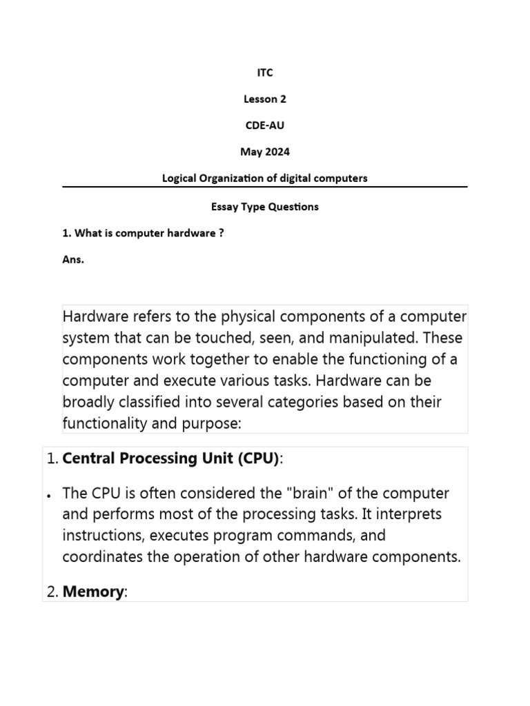 Itc Lesson 2 Cde Au May 2024 | PDF | Computer Data Storage | Hard Disk ...