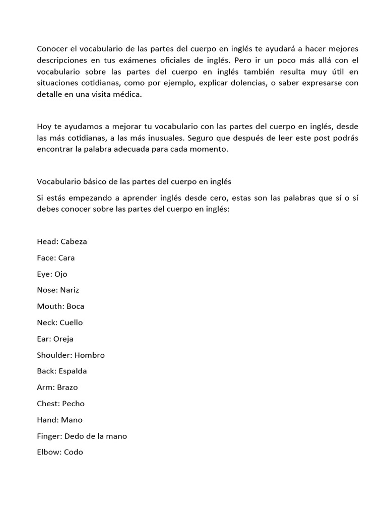 Vocabulario de partes del cuerpo en inglés | PDF | Anatomía humana ...
