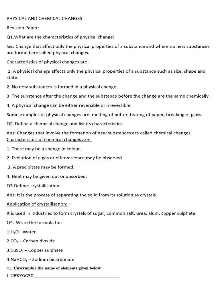 PHYSICAL AND CHEMICAL CHANGES-class 7 Revision | Download Free PDF ...