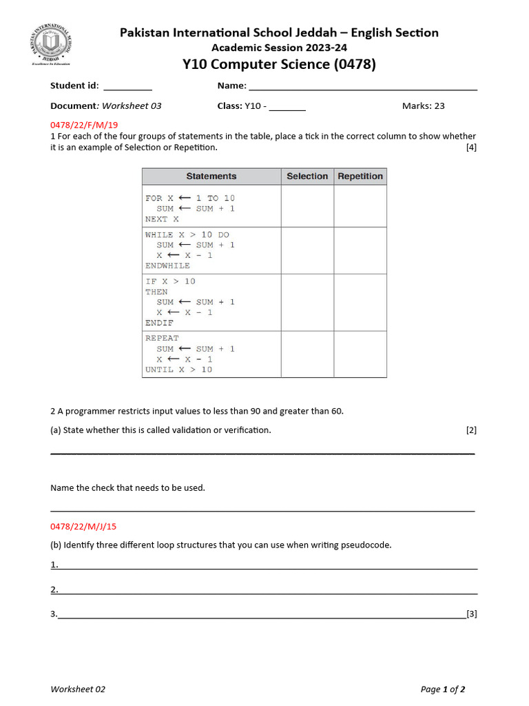 01 - CW - Y10CS - Worksheet 03 - MarkingKey | PDF | Technology ...