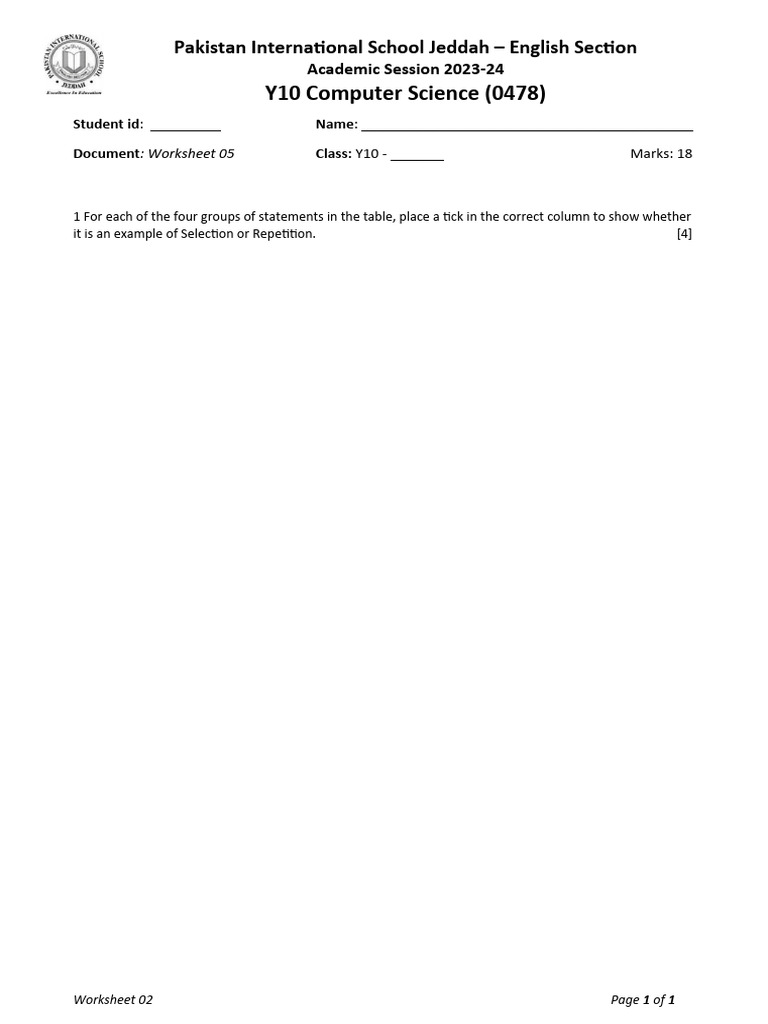 Y10 Computer Science Worksheet | PDF