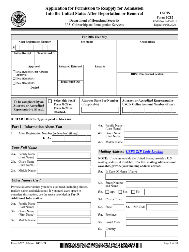 Application For Permission To Reapply For Admission Into The United ...