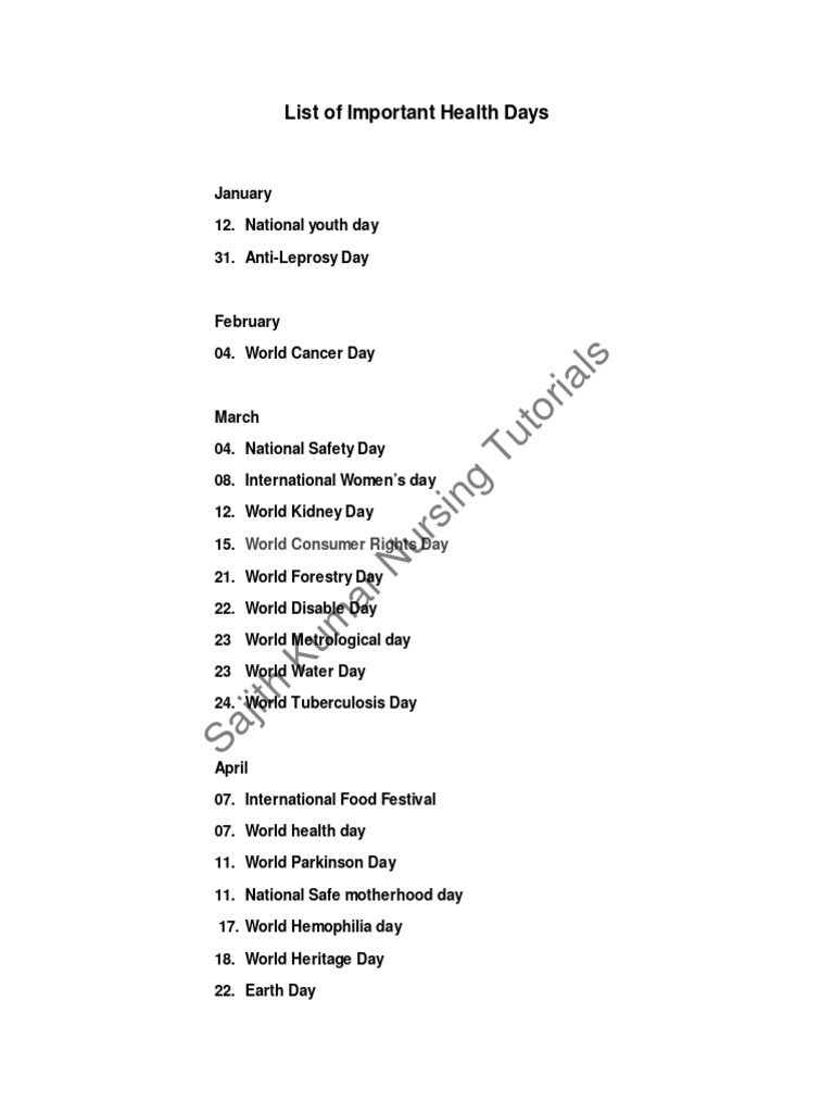 Important Health Days PDF Public Health Clinical Medicine