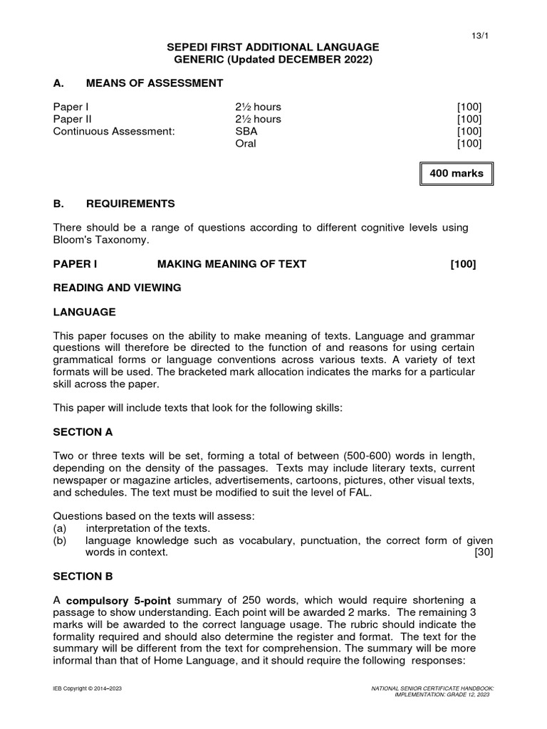 SEPEDI FIRST ADDITIONAL LANGUAGE SAGs 2023 (Updated Dec 2023) | PDF ...