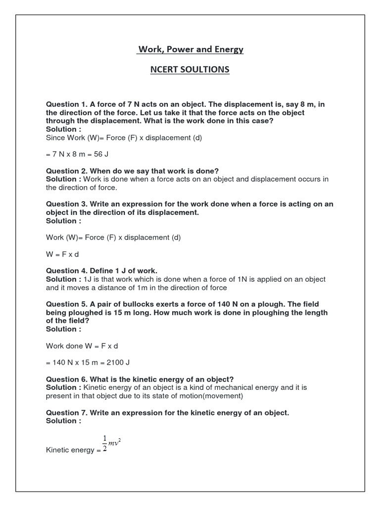 NCERT Solutions: Work, Power, Energy | PDF | Force | Kinetic Energy