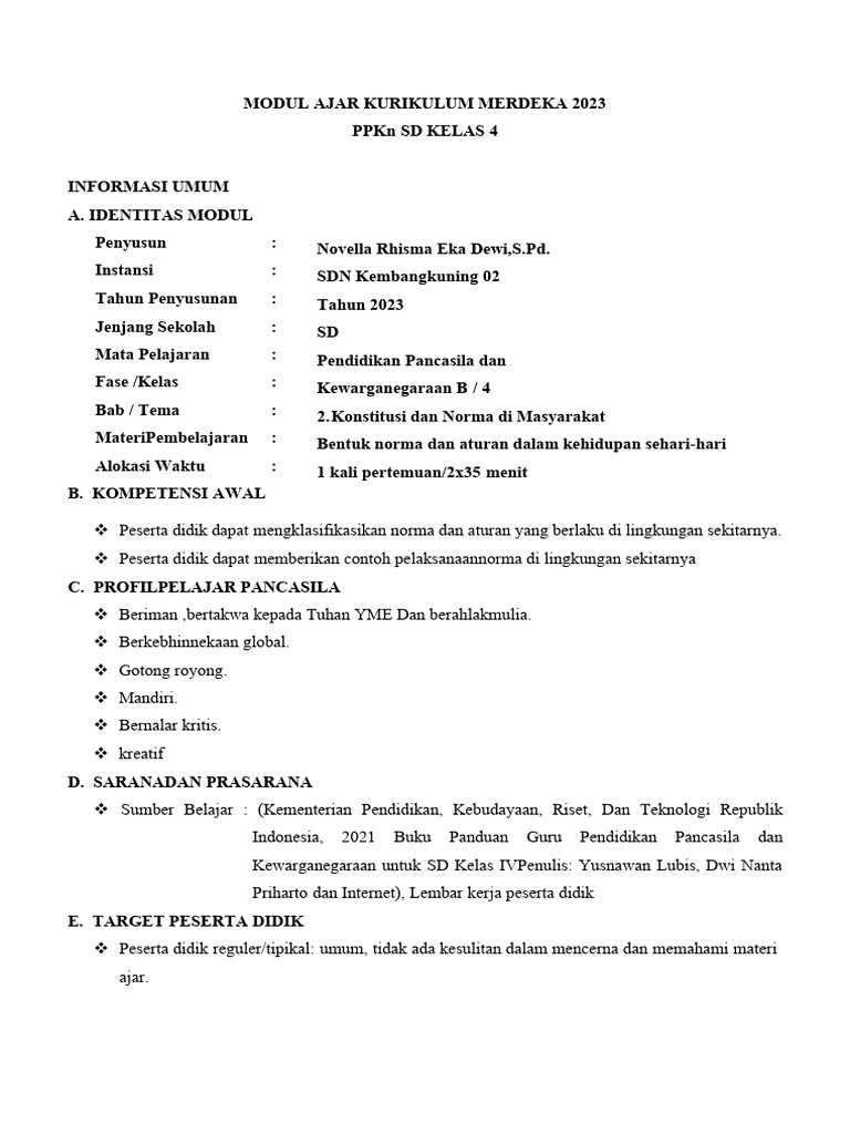 Modul Ajar PPKn Kelas 4 Kurikulum Merdeka | PDF | Ilmu Sosial | Seni
