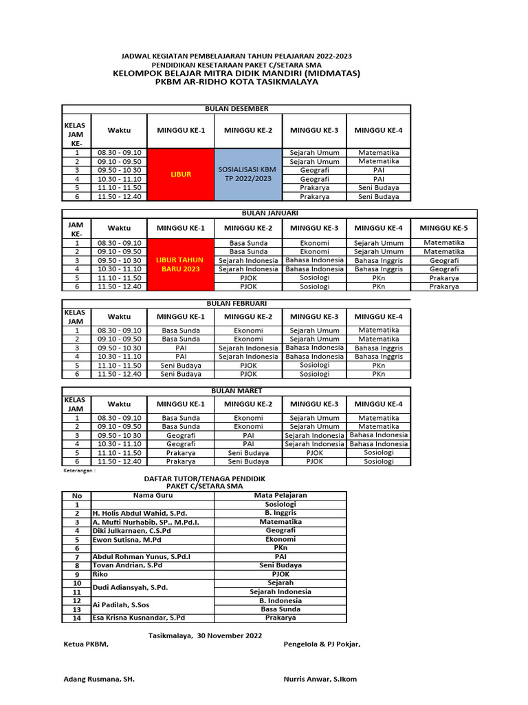 Jadwal Pembelajaran Paket C 2022-2023 | PDF