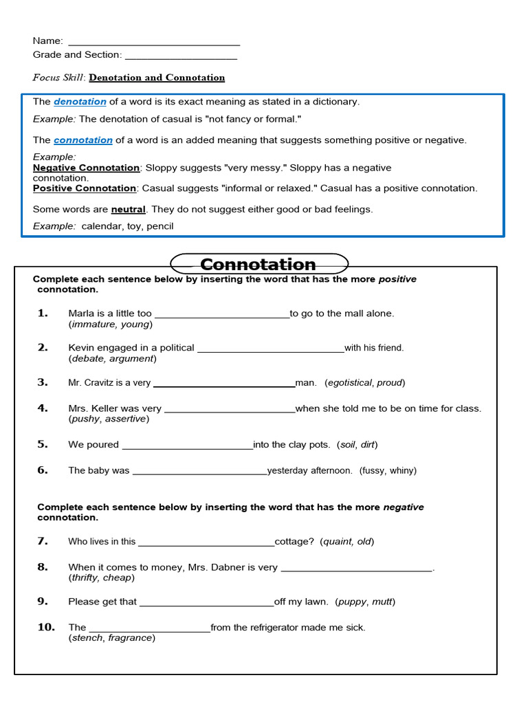 Denotation and Connotation Worksheet Grade 78 Download Free PDF Denotation and Connotation Worksheet Grade 78 Download Free PDF