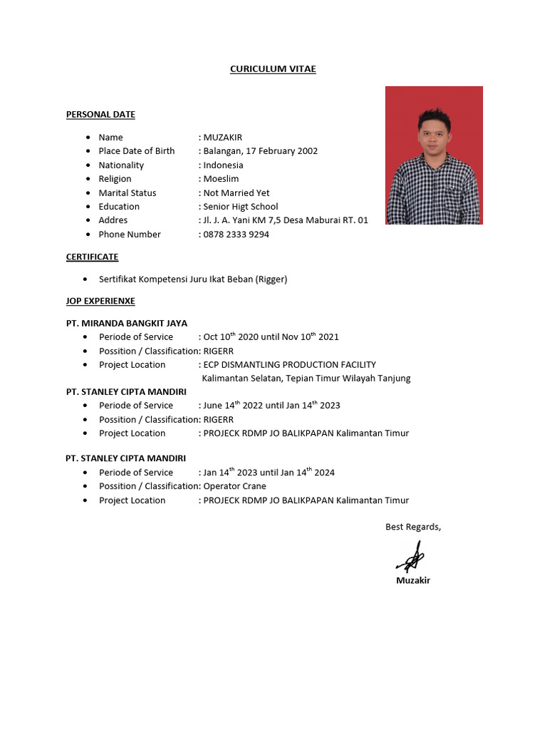 CV Muzakir: Rigger dan Operator Crane | PDF