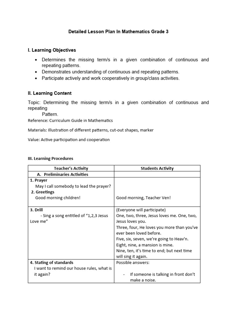Grade 3 Math Lesson Plan on Patterns | PDF | Education Theory | Human ...
