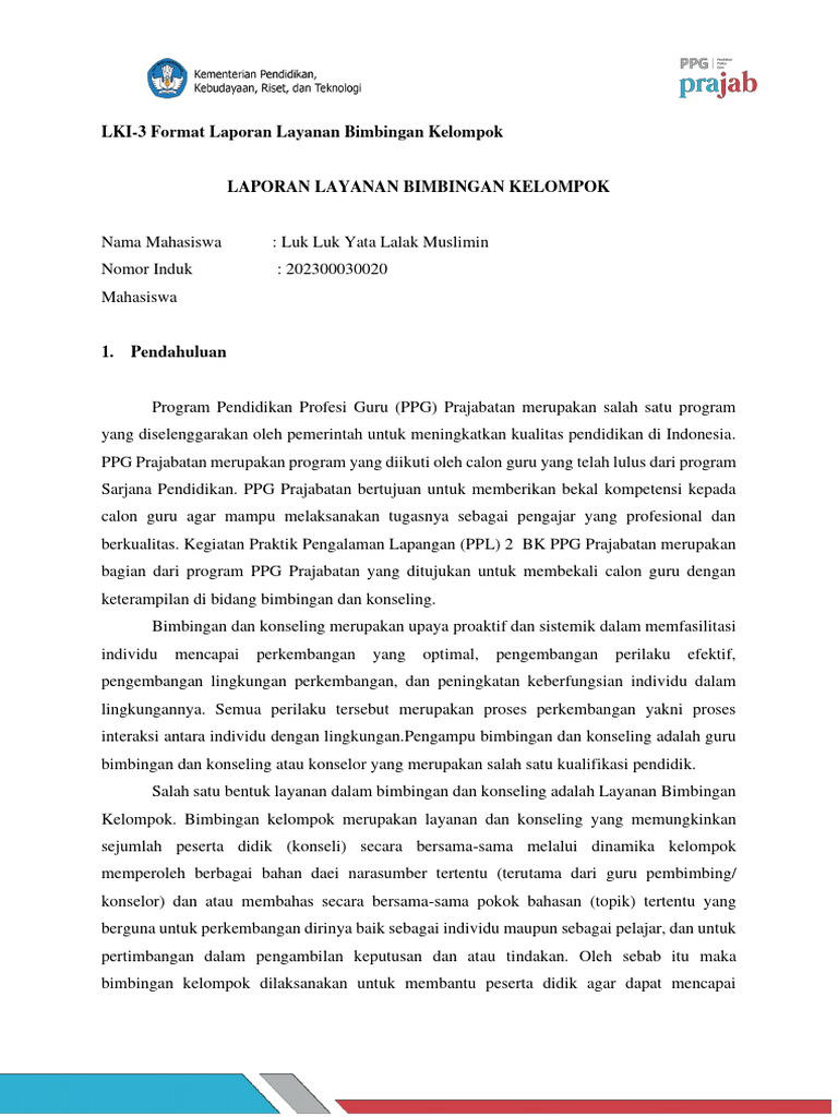 Laporan Layanan Bimbingan Kelompok | PDF | Pengembangan Diri