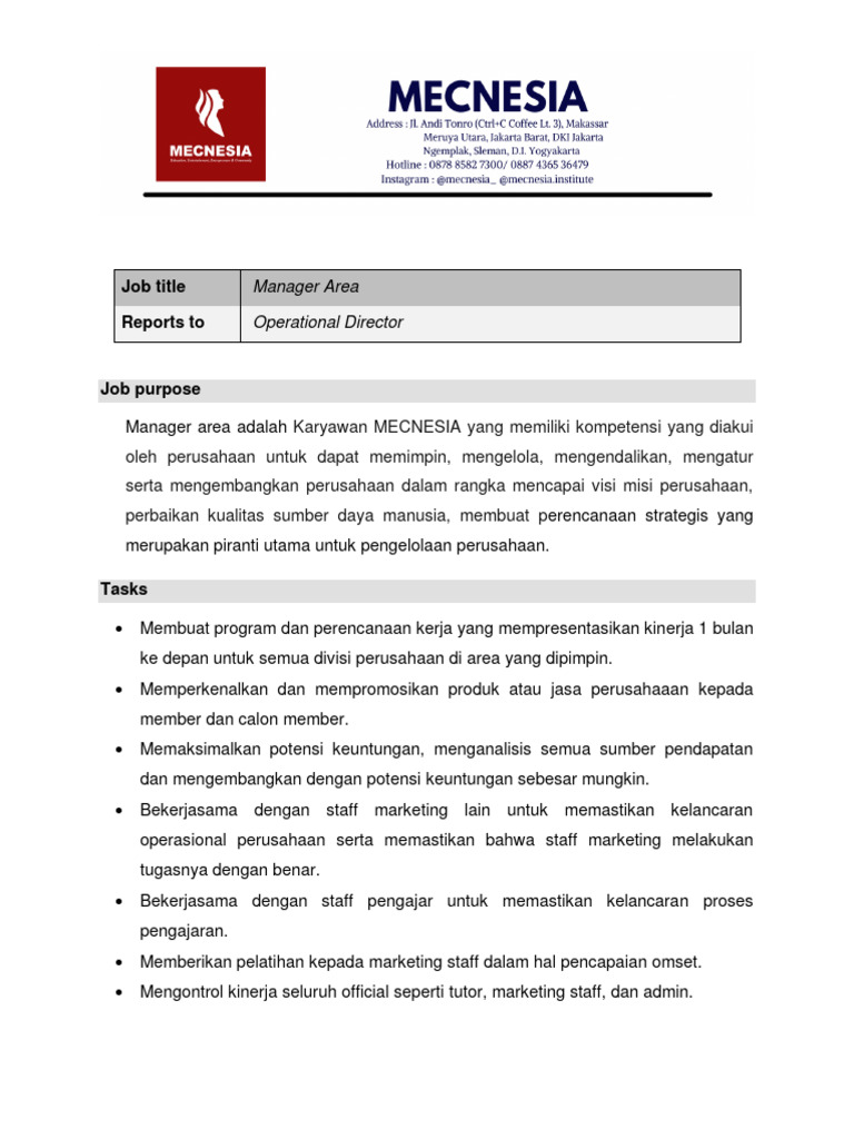Tugas dan Tanggung Jawab Manager Area | PDF | Karier & Perkembangan ...
