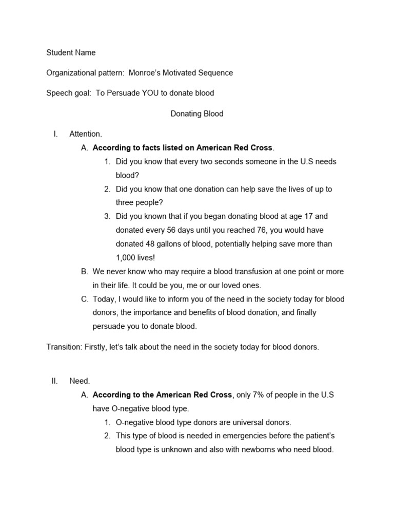 Persuasive Monroe Motivated Sequence Pdf Blood Donation Blood Type