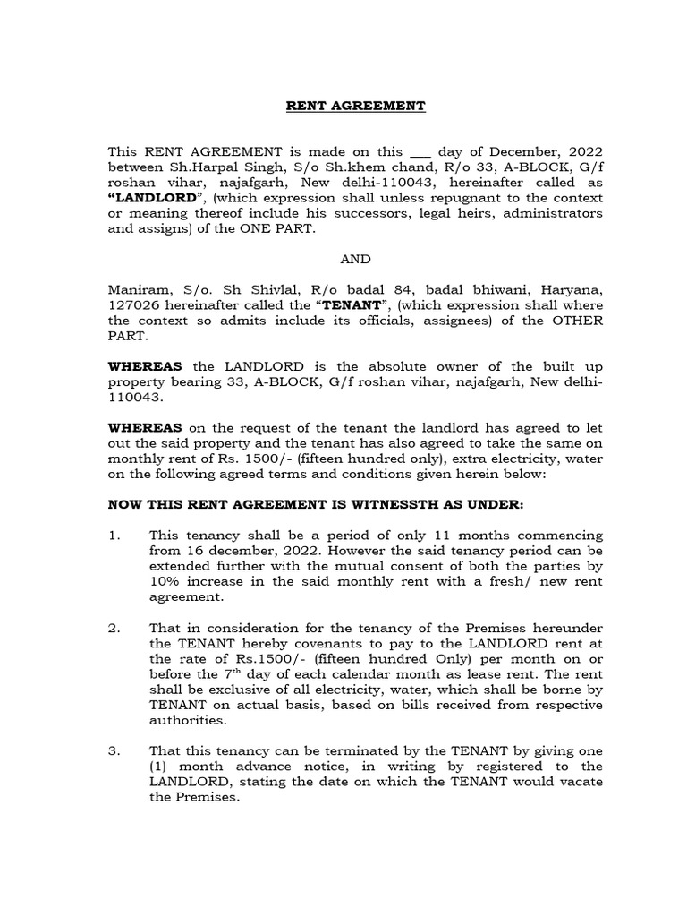 Rent Agreement for Najafgarh Property | PDF | Leasehold Estate | Landlord
