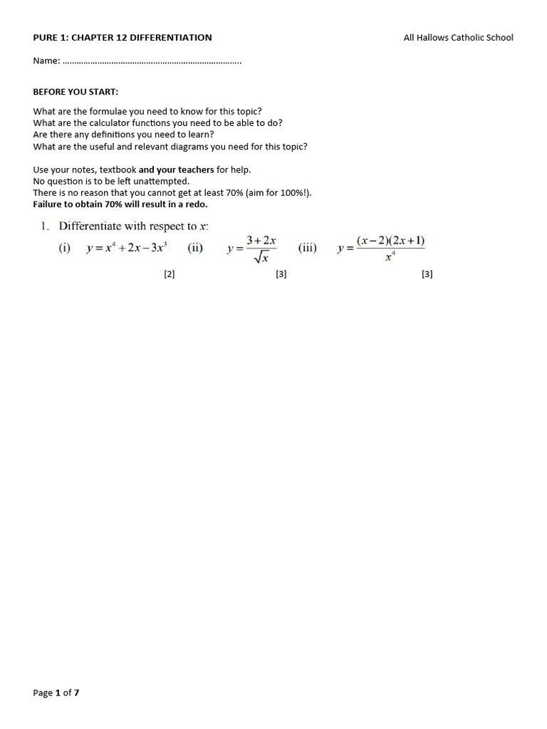 Differentiation Guide for Pure 1 | PDF