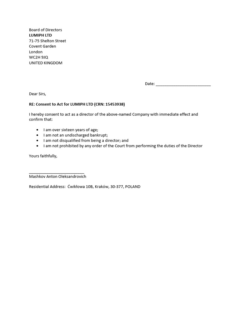 Director Appointment Consent for LUMIPH LTD | PDF | Law