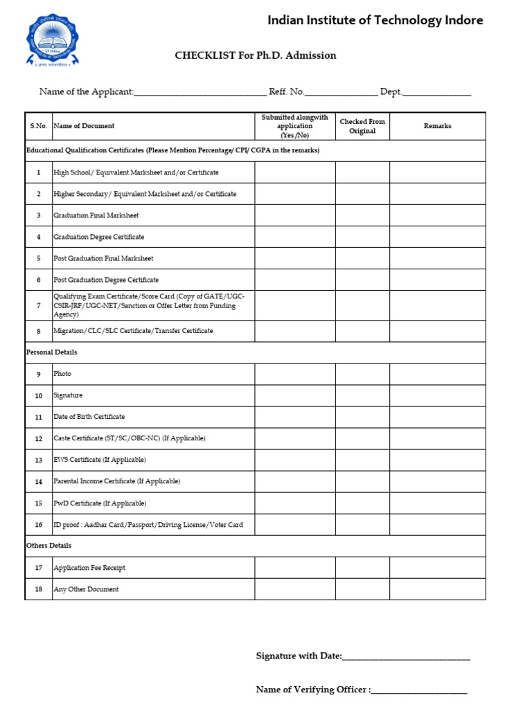 PhD Admissions Document Checklist | PDF