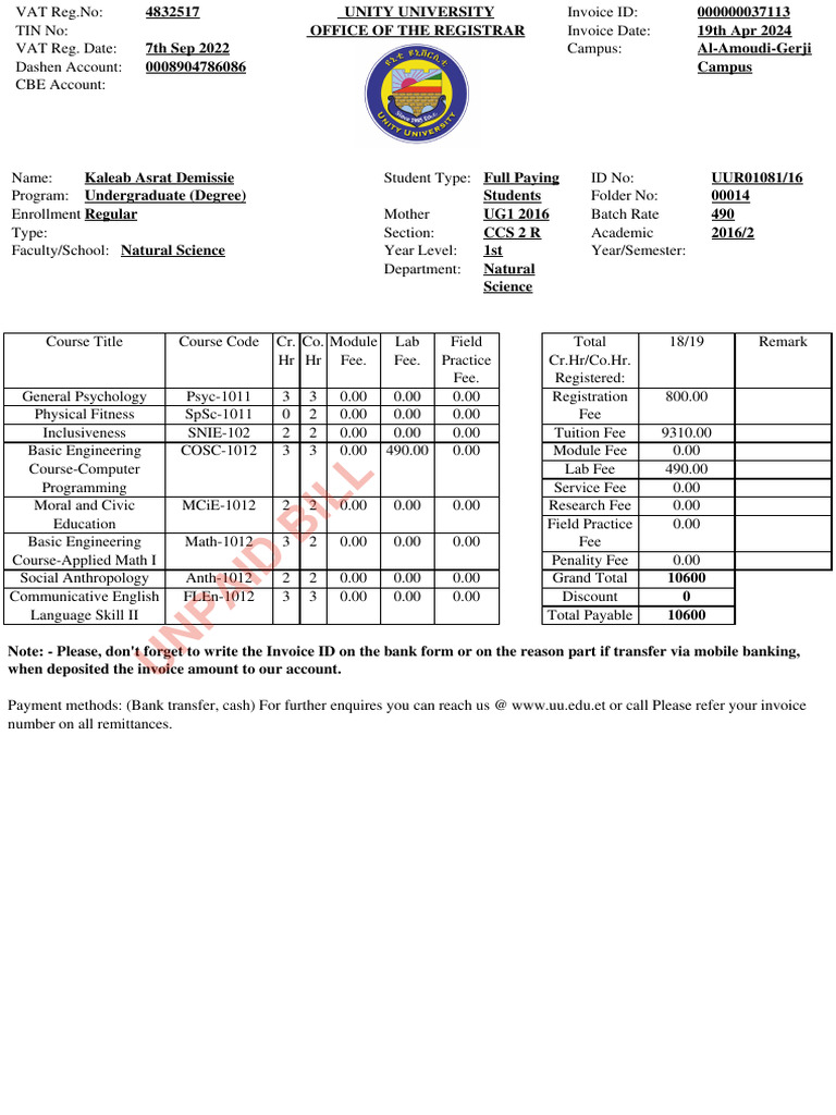 Unity University Invoice Details | PDF | Invoice | Money