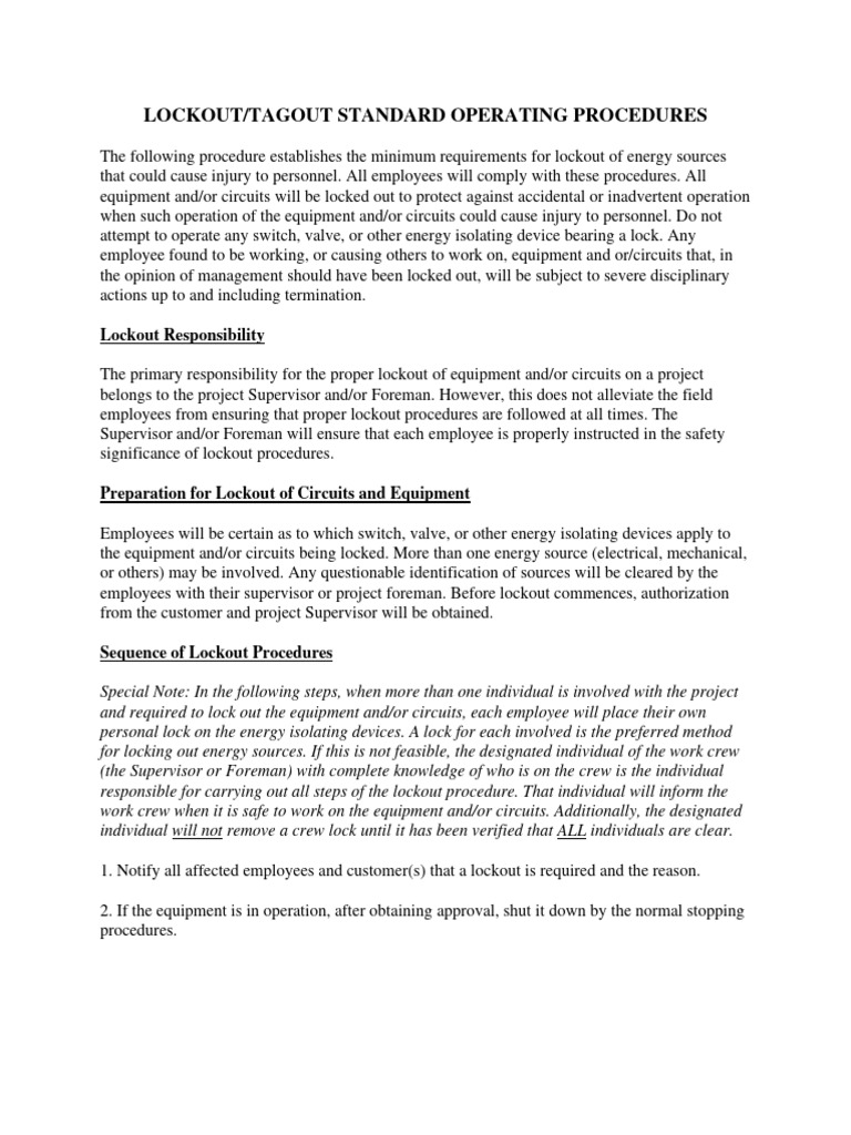 Lockout Tagout Standard Operating Procedures | PDF | Electrical ...