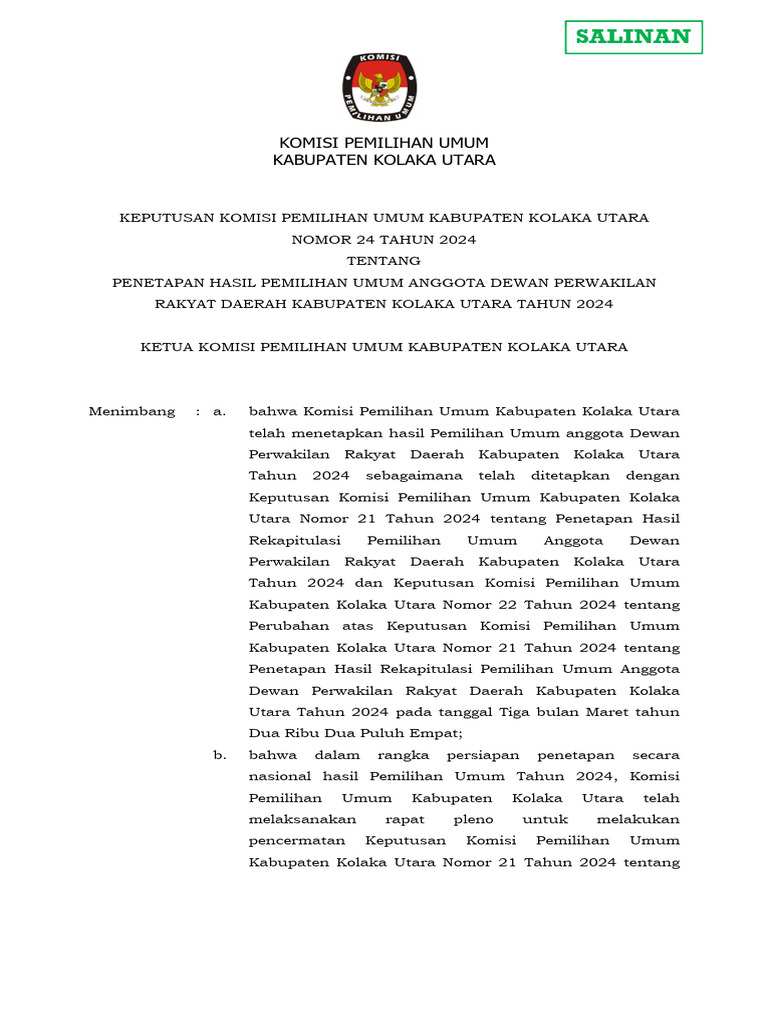 Kpts 24 Tahun 2024 KPU Kolaka Utara | PDF