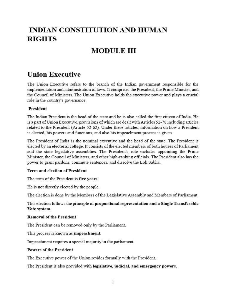Union Executive in Indian Constitution | PDF | Cabinet (Government ...