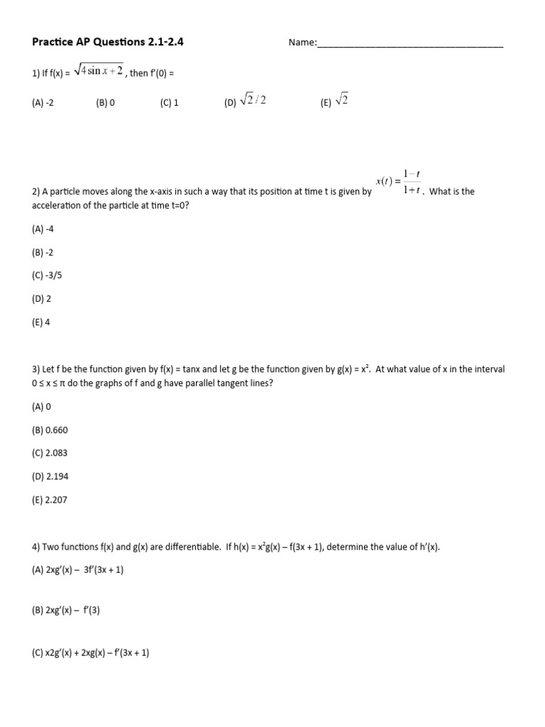 AP Calculus AB Practice: Units 2.1-2.4 | PDF | Derivative | Function ...