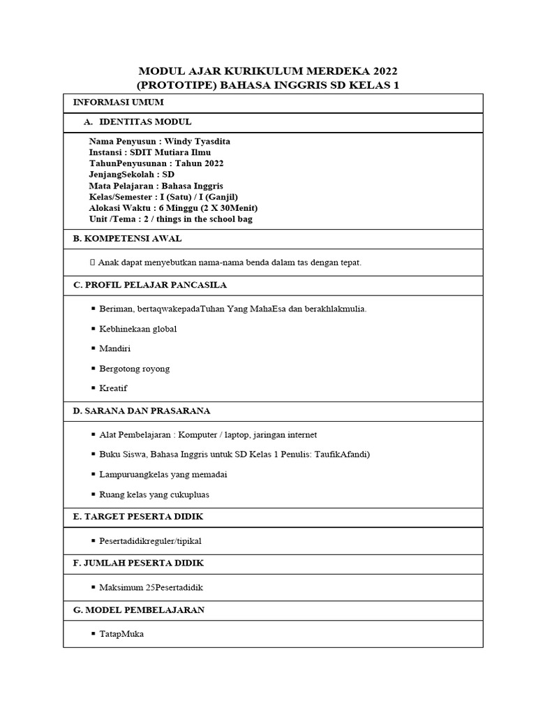 Modul Ajar English Kls 1 Chapter 2 | PDF | Karier & Perkembangan | Seni ...