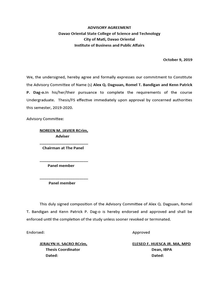 Advisory Agreement for Thesis Committee | PDF