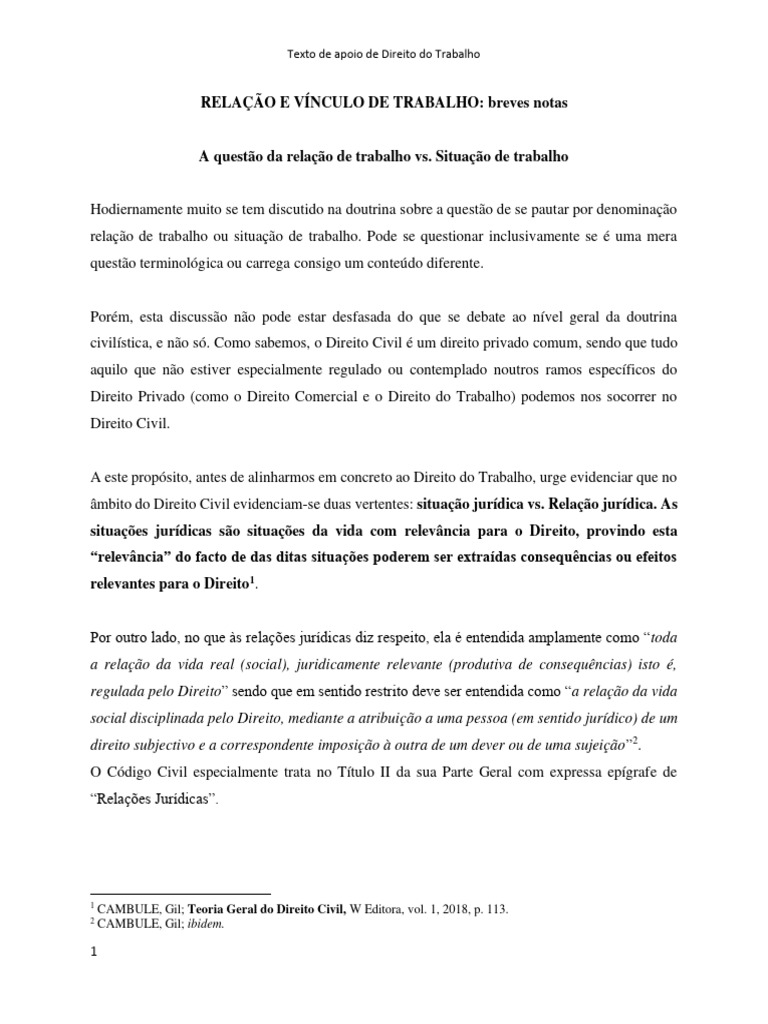 Relação e Vínculo de Trabalho - Breves Notas | PDF | Lei Trabalhista ...