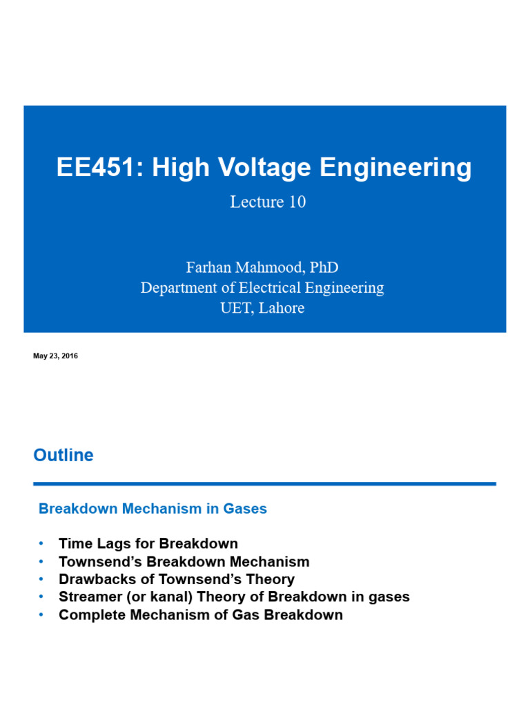 Lecture 10 BD in Gases | PDF | Electrical Breakdown | Electric Arc