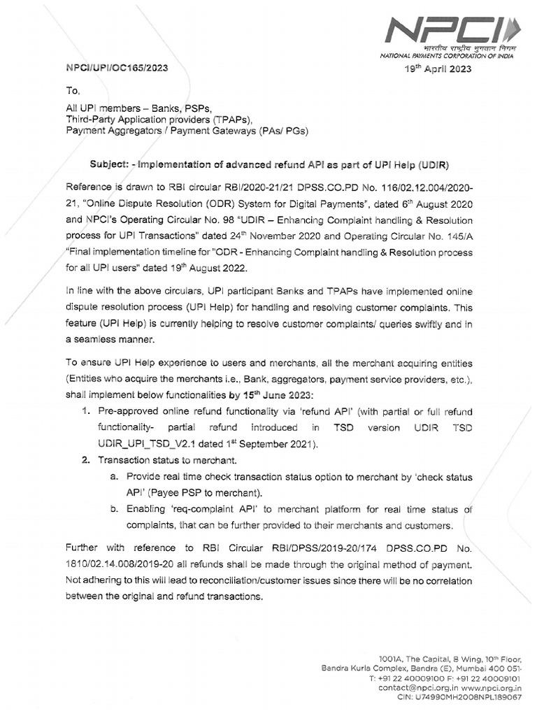 NPCI UPI OC 165 Implementation of Advanced Refund API As Part of UPI ...