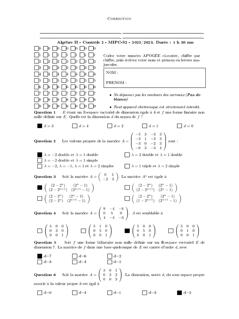 Correction Contrôle Algèbre II 2022/2023 | PDF | Matrice (Mathématiques ...