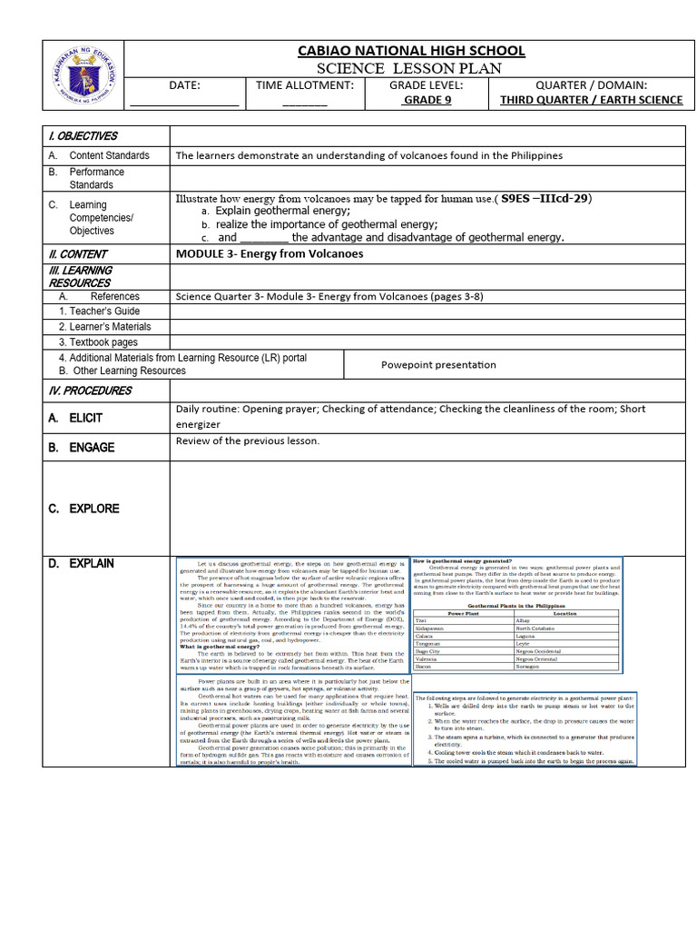Grade 9 Earth Science Lesson Plan | PDF | Learning | Teachers