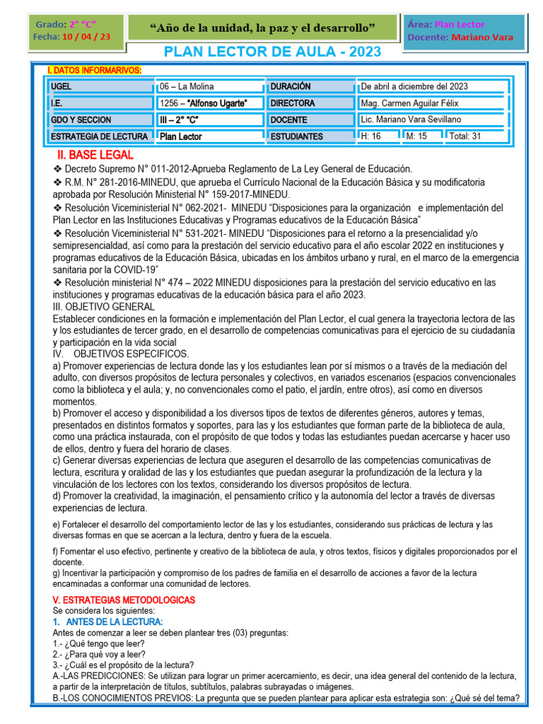 Plan Lector 2023 para Aula III-2 "C" | PDF | Salón de clases | Maestros