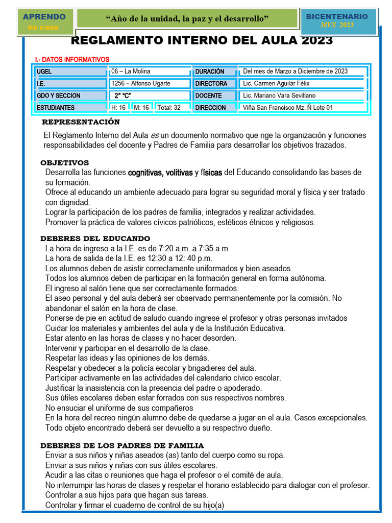 Reglamento Interno Aula 2023 | PDF | Maestros | Salón de clases