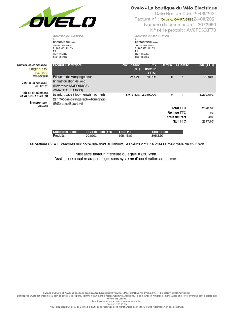 Facture V lo lectrique Ovelo 2021 PDF Taxe Sur La Valeur Ajout e 
