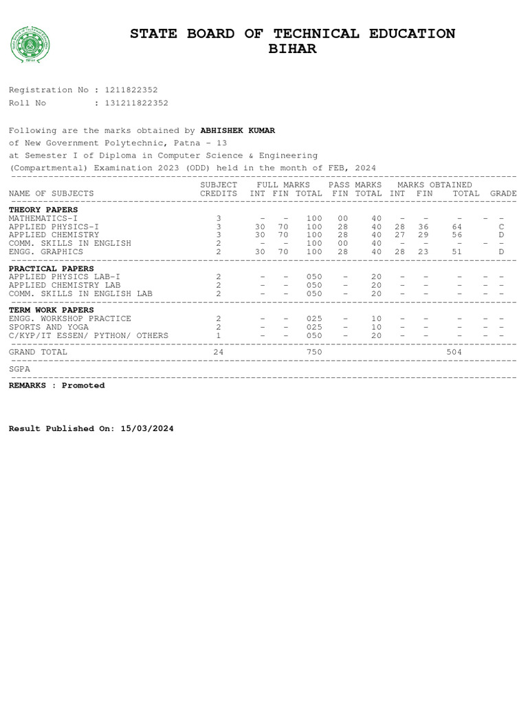 Abhishek Kumar's Diploma Exam Results | PDF | Technology & Engineering