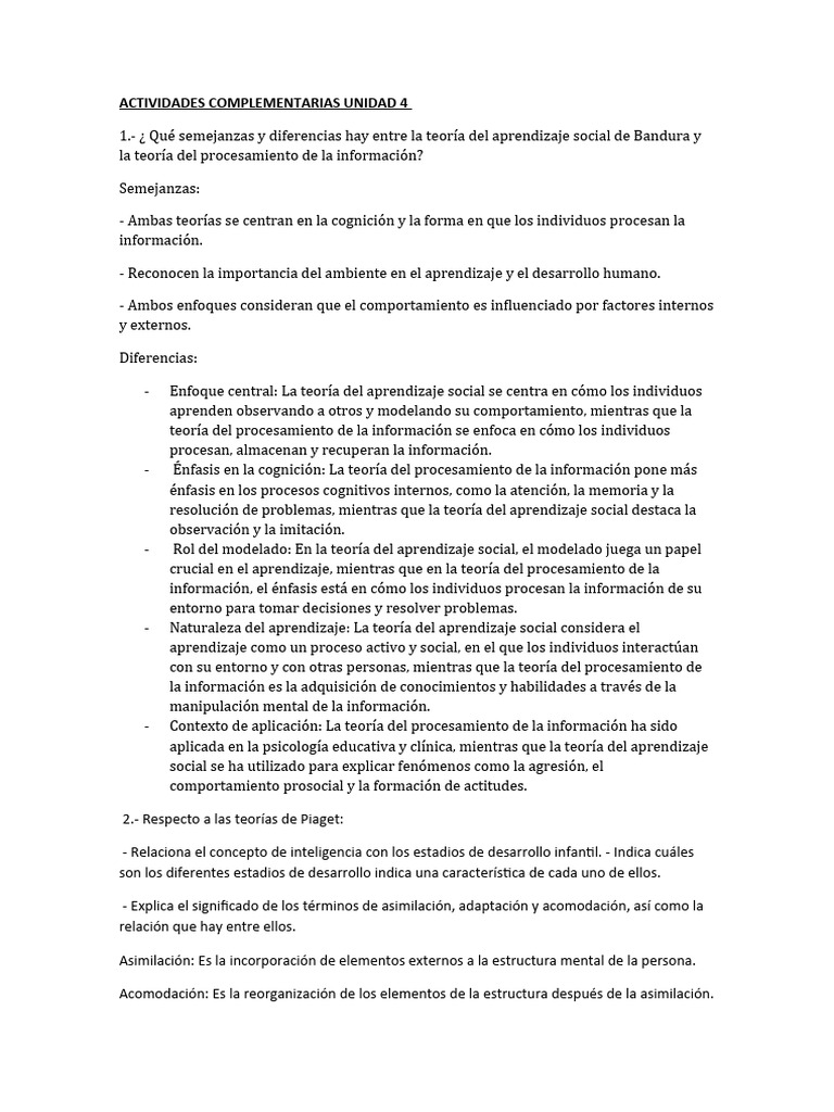 Actividades Complementarias Unidad 5 | PDF | Aprendizaje | Pensamiento