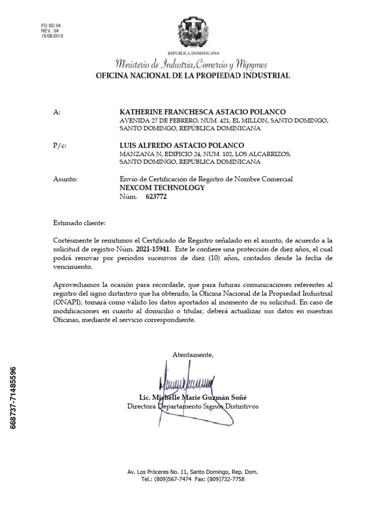 Certificado de Registro ONAPI NEXCOM | PDF