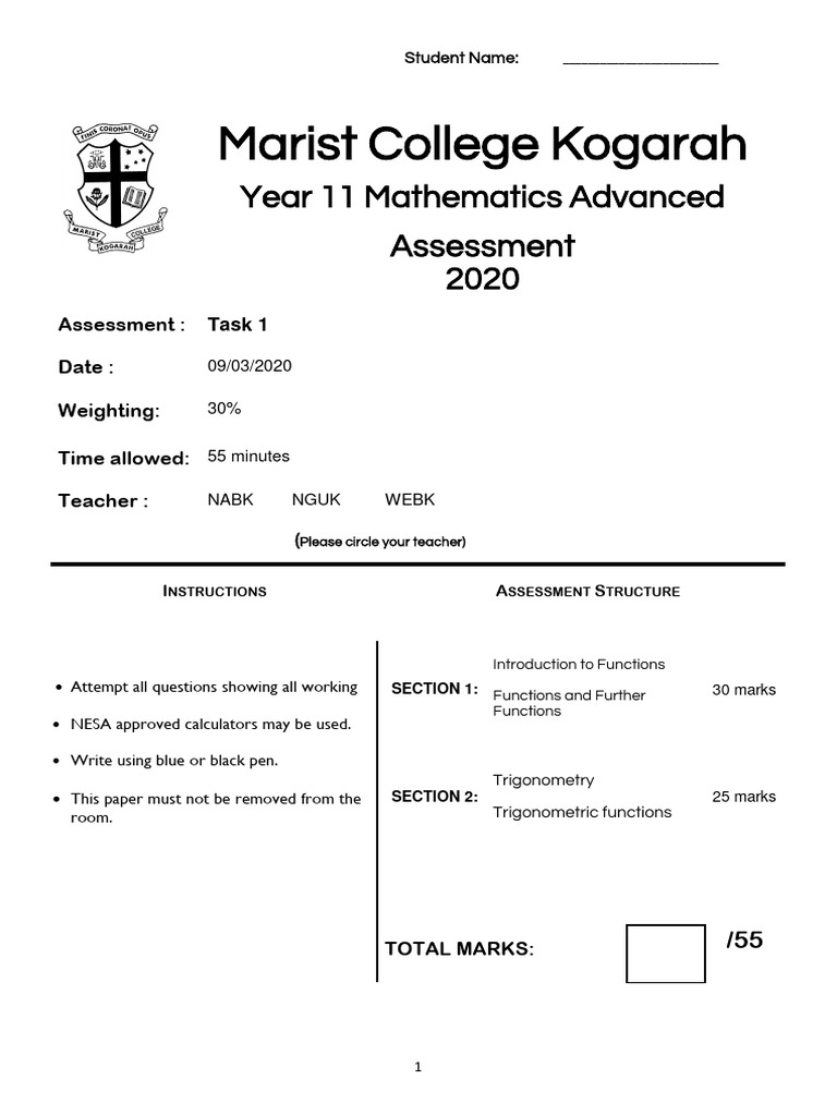 2020 task 1 year 11 maths advanced exam pdf function mathematics