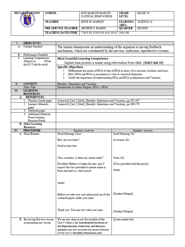 Grade 10 Science Lesson Plan: DNA & RNA | PDF | Genetics | Gene